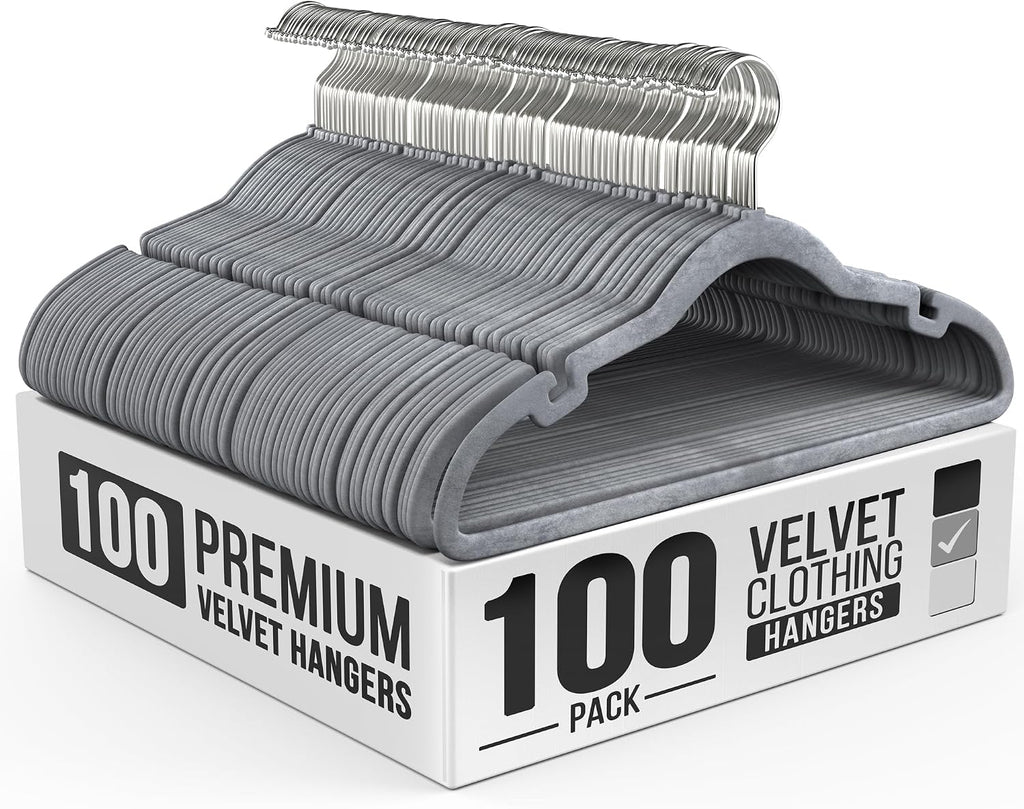 Our Modern Space 100 Pack Velvet Hanger for Shirt Pants Dresses Skirts Suits Jackets - Slim Space Saving Design - Standard Coat Hanger - Sturdy & Durable Design with Shoulder Grooves Hook