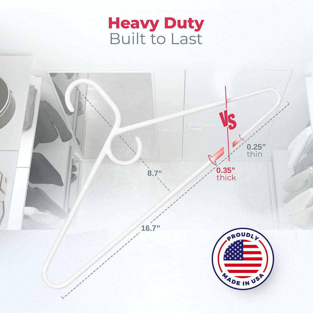Heavy Duty Clothes Hangers 18 Pack – Made in the USA – 8lb Capacity Plastic Hangers for Adult Clothing – Durable for Pants, Coats, Jackets, or Jeans – White
