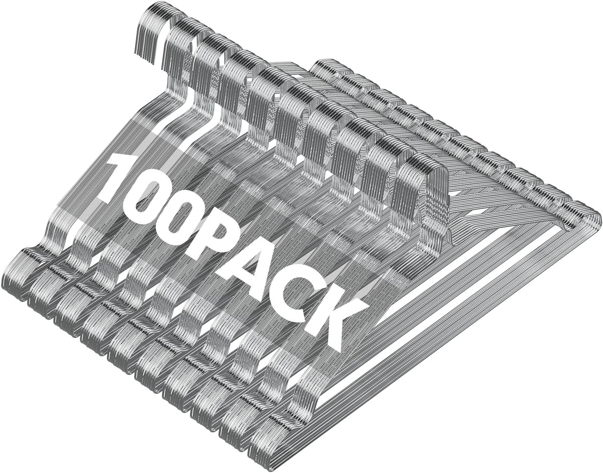SPECILITE Metal Wire Clothes Hangers Bulk 100 Pack with Grooves, Silver