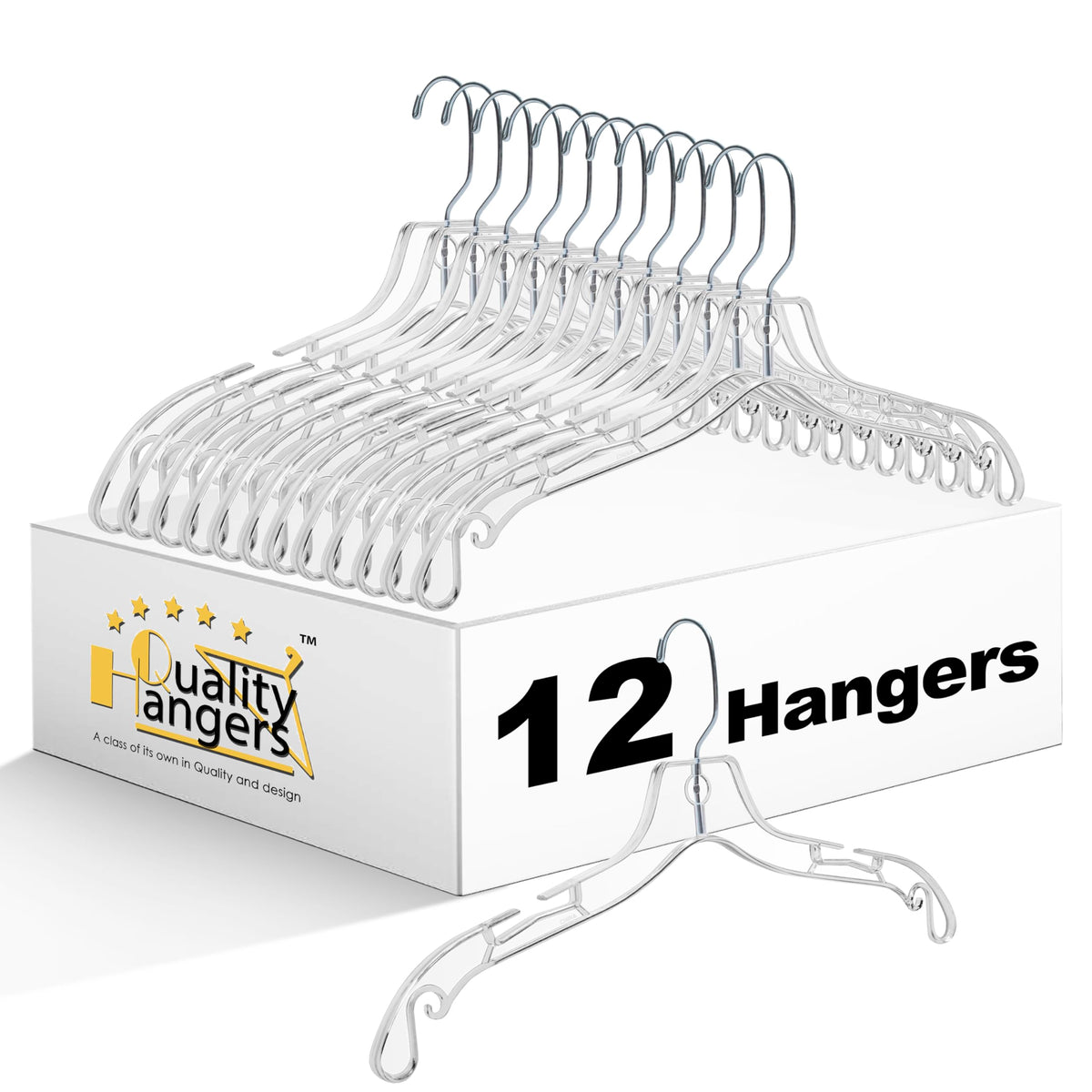 Quality Clear Hangers 12 Pack - Crystal Hangers for Clothes - Durable Plastic Hanger Set - Invisible Dress for Suits - Heavy Duty - Nonslip Coat and Shirt