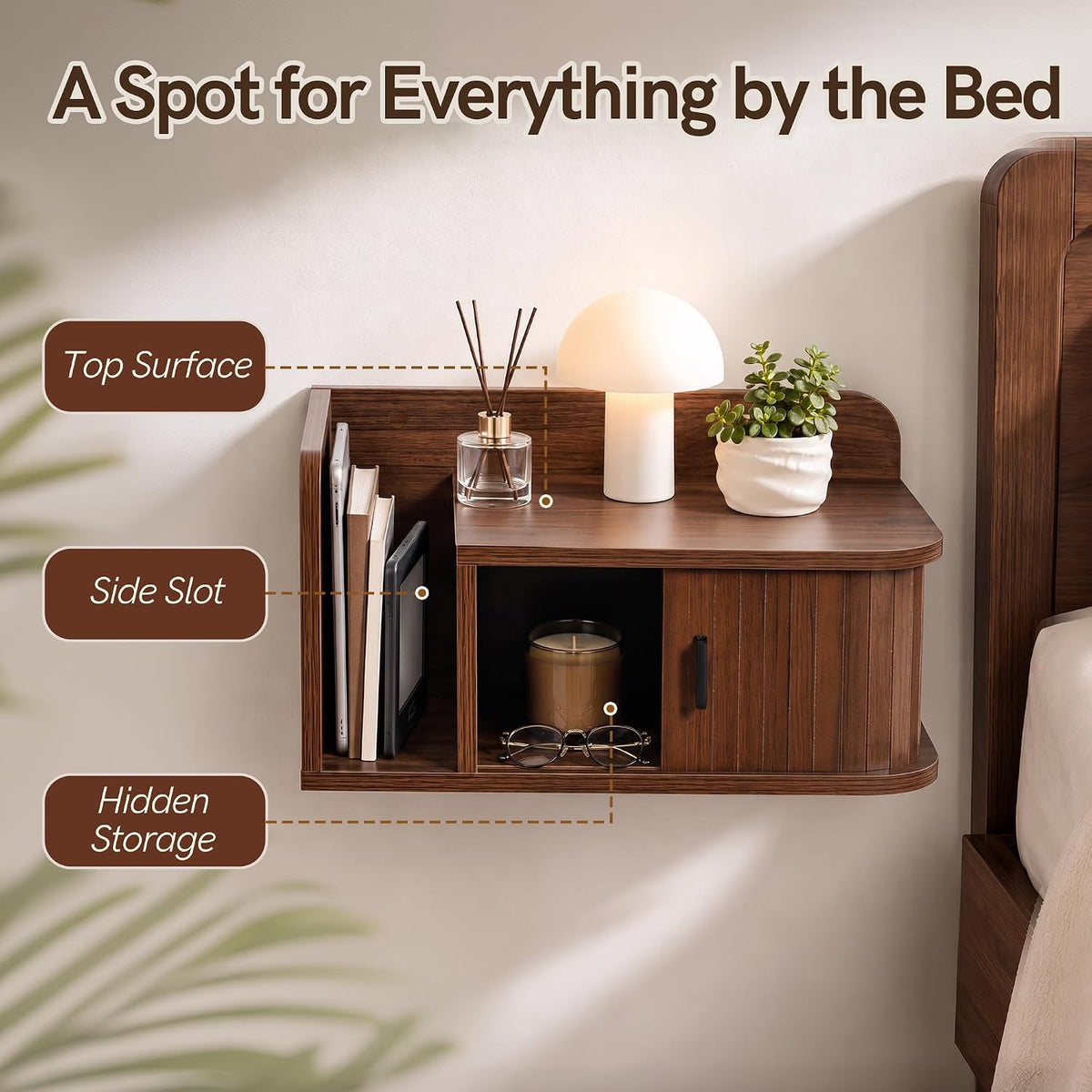 Floating Nightstand Walnut Fluted Bedside Table with Open Shelf (R)