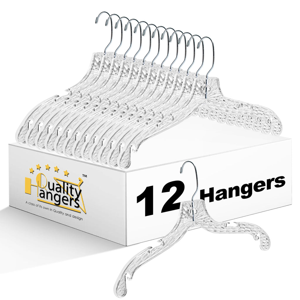 Quality Hangers 12 Pack Crystal Clear Plastic Hangers with Easy Swivel 360 Degree Hook Slim Crystal Coat Hangers 17 Inches (12, 17")