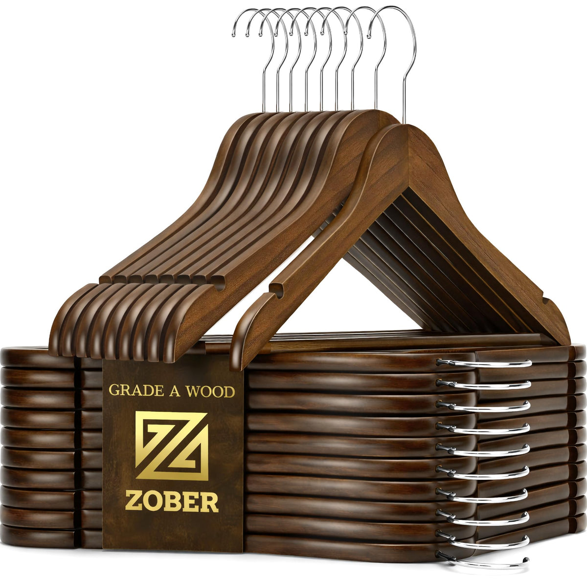 Zober Wooden Hangers 20 Pack, Heavy Duty Clothes Hangers, Non Slip, Vintage