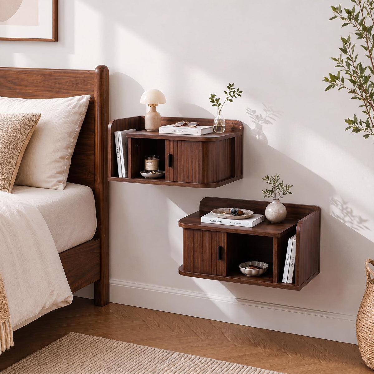 Floating Nightstand Walnut Fluted Bedside Table with Open Shelf (R)