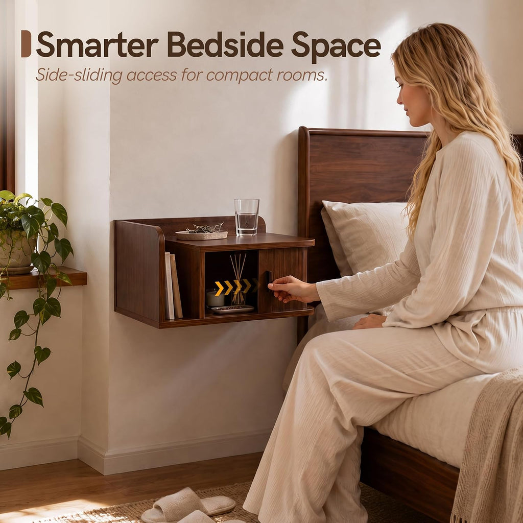 Floating Nightstand Walnut Fluted Bedside Table with Open Shelf (R)