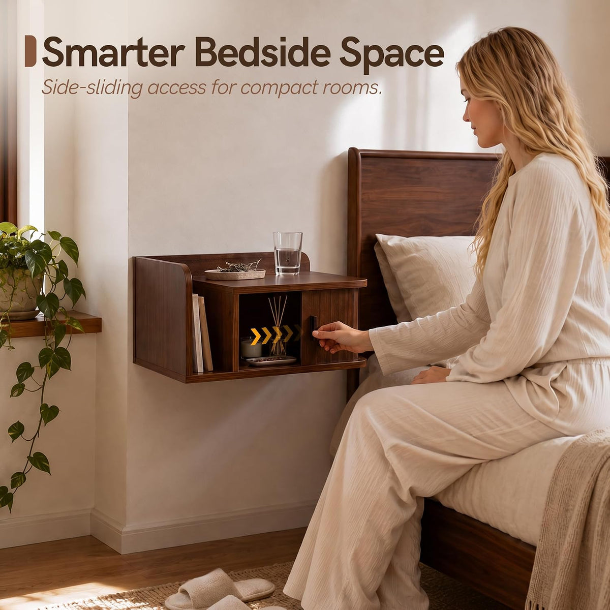 Floating Nightstand Walnut Fluted Bedside Table with Open Shelf (R)