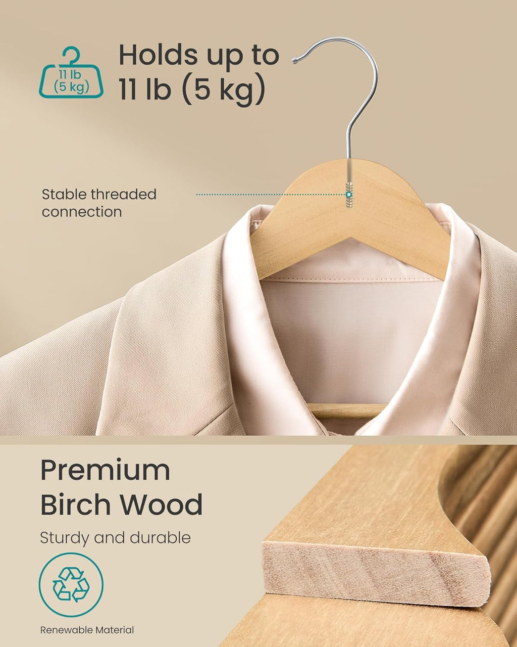 SONGMICS Wooden Hangers, 30 Pack, Basic Wood Clothes Hangers, Space Saving