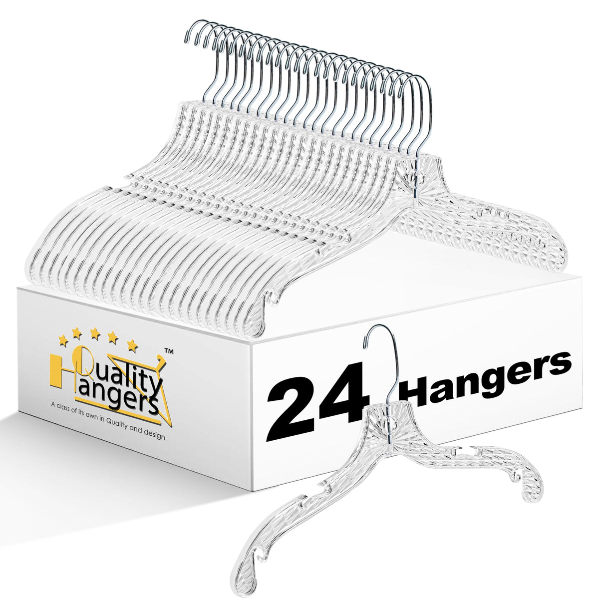 Quality Hangers 12 Pack Crystal Clear Plastic Hangers with Easy Swivel 360 Degree Hook Slim Crystal Coat Hangers 17 Inches (12, 17")