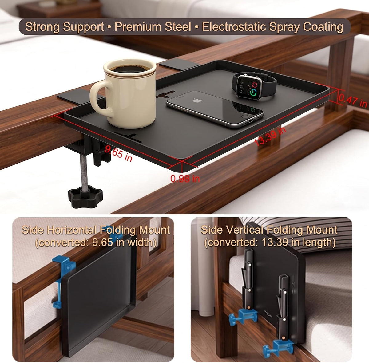 Foldable Bedside Shelf, Clamp-On Floating Tray for Bunk & Standard Beds