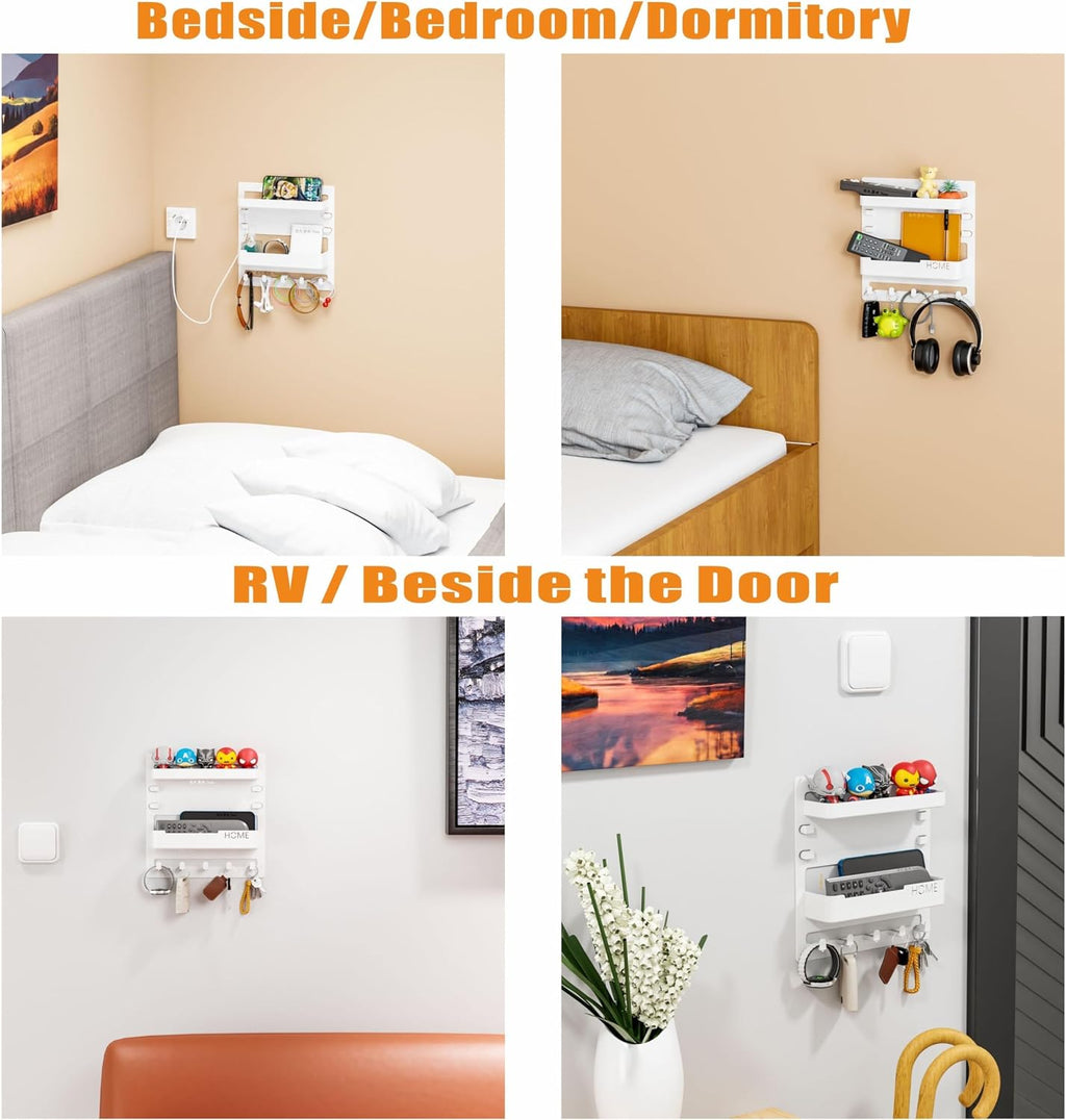 SUOXING Bedside Wall Organizer for Bedroom,Rv,Small Rooms,Nightstand and Bedside Wall Shelf for Earphone,Glasses,Remote Control,Phone Charging Shelf,Dorm Decor for College Girls and Teen Girl,White