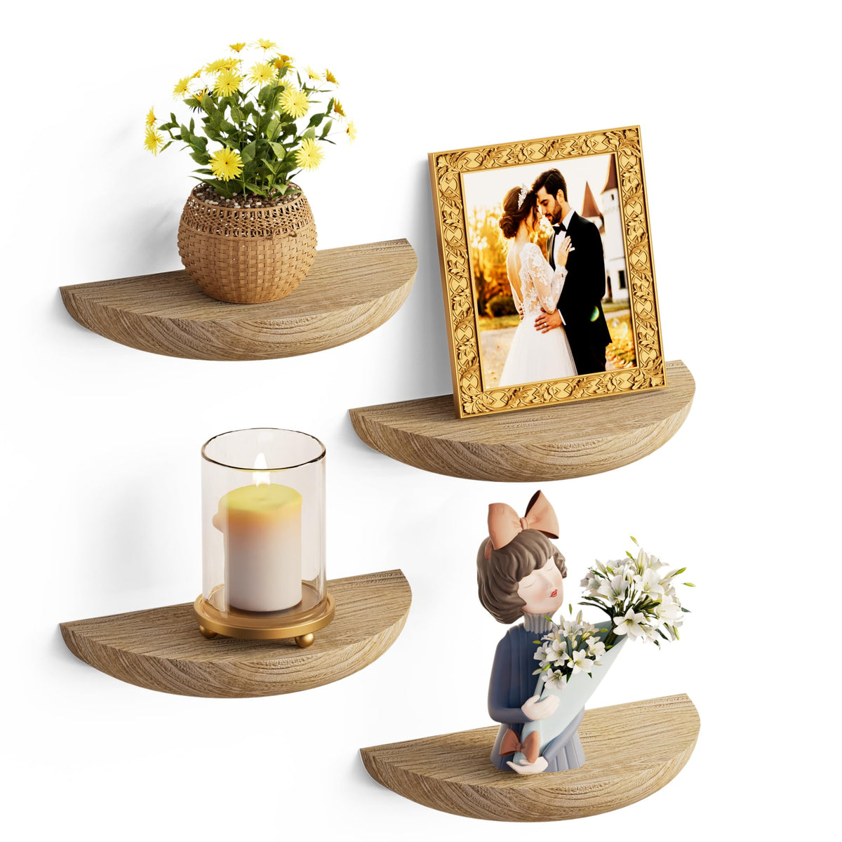 QsQueen Half Round Floating Shelves for Wall, 2 Pack Small Paulownia Wood, Screw Mount, for Plants & Decor