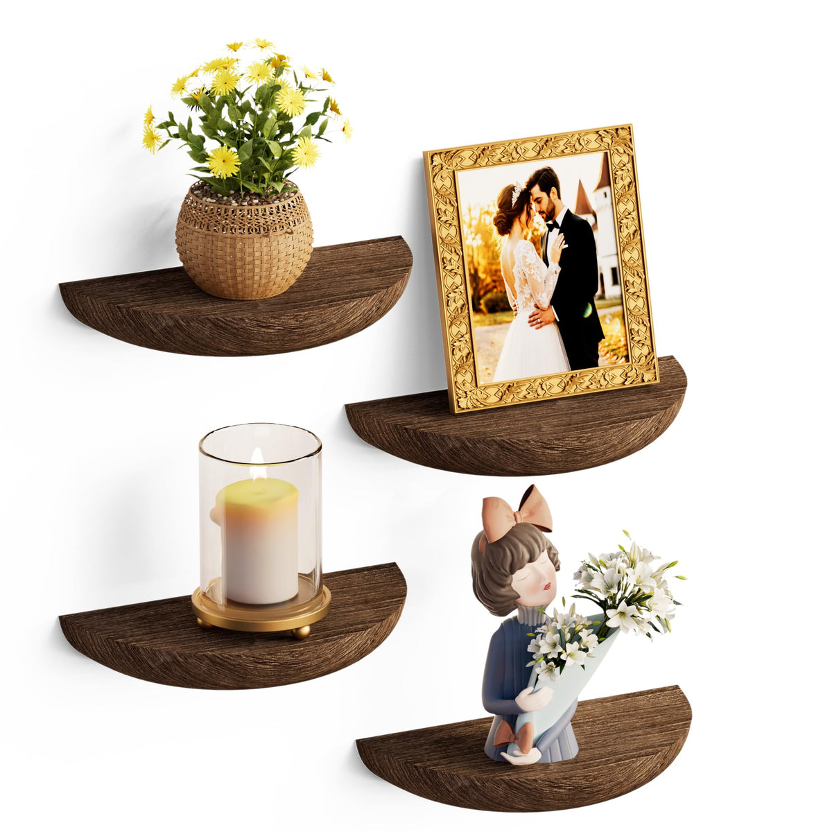 QsQueen Half Round Floating Shelves for Wall, 2 Pack Small Paulownia Wood, Screw Mount, for Plants & Decor