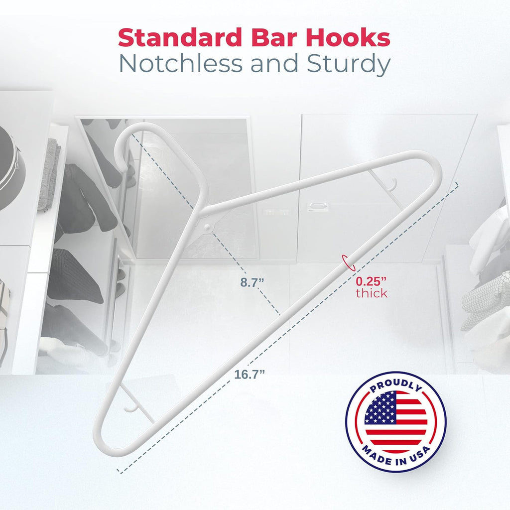 Plastic Hangers 30 Pack – Made in the USA – 6lb Capacity Standard Clothes Hangers with Strap Hooks for Dresses, Lingerie, Shirts, Pants, and Jackets – White
