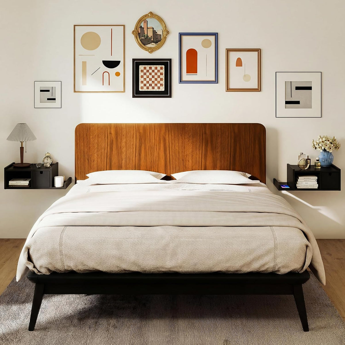 Floating Nightstand with Drawer & Open Shelf, Wall Mount, Black
