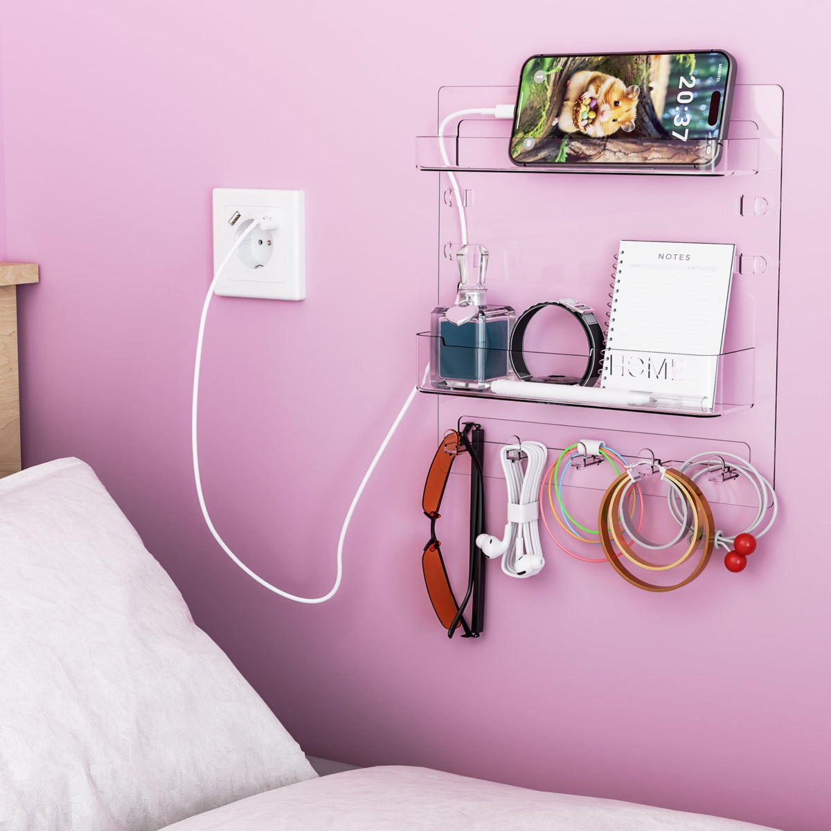 SUOXING Bedside Wall Organizer for Bedroom,Rv,Small Rooms,Nightstand and Bedside Wall Shelf for Earphone,Glasses,Remote Control,Phone Charging Shelf,Dorm Decor for College Girls and Teen Girl,White