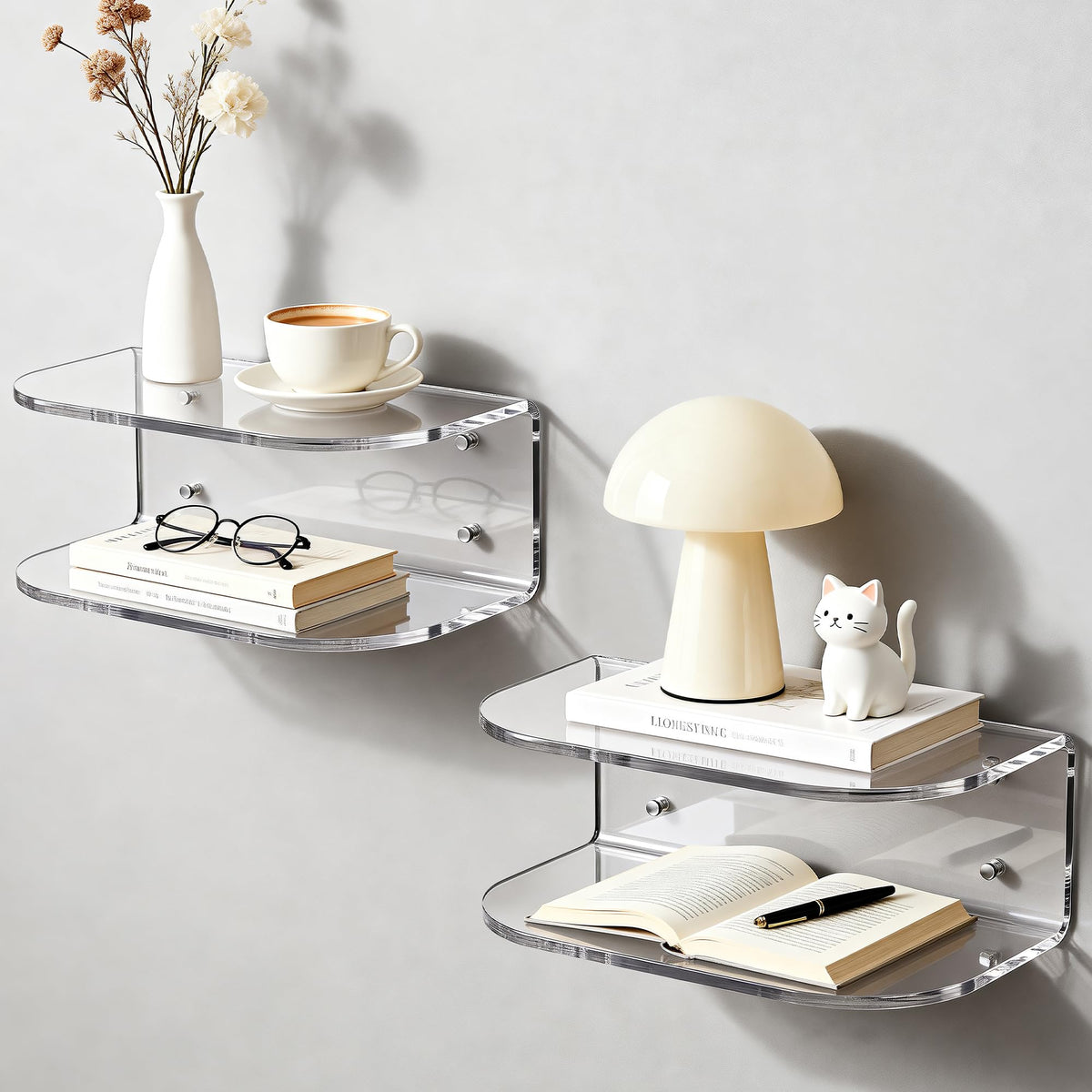 Acrylic Floating Nightstand, Wall Mounted Bedside Table Shelf (Clear, 15.7”×9.4“×5.9”)