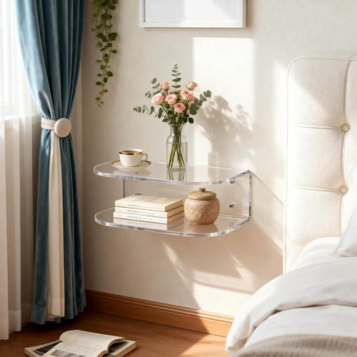 Acrylic Floating Nightstand, Wall Mounted Bedside Table Shelf (Clear, 15.7”×9.4“×5.9”)