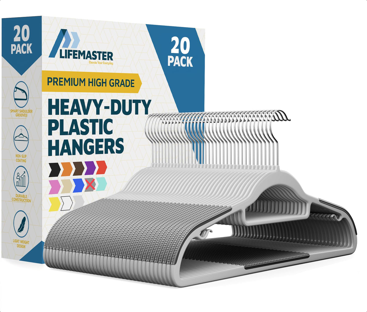Lifemaster Plastic Clothes Hanger Set - 20 Pieces Versatile, Lightweight, Space-Saving, Non-Slip, Slim Designed, Dry and Wet Clothes Hanger Set with 360° Swivel Hook and Rubber Coating - Gray