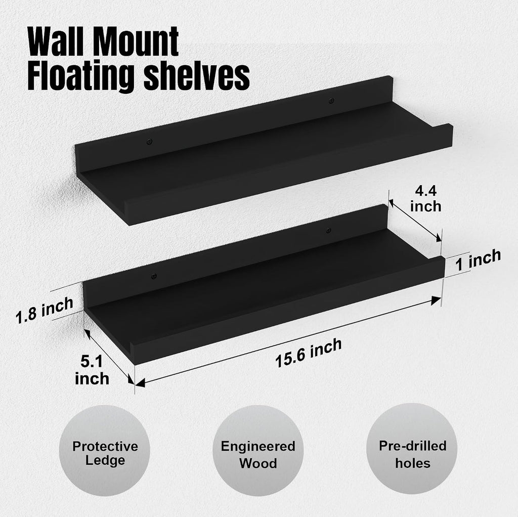Boswillon Floating Shelves Set of 2, Small Wall Shelf with Lip, 16in, Black