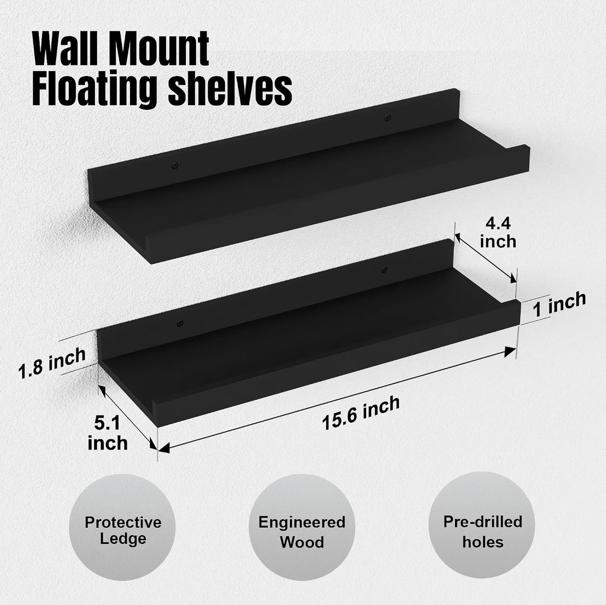 Boswillon Floating Shelves Set of 2, Small Wall Shelf with Lip, 16in, Black
