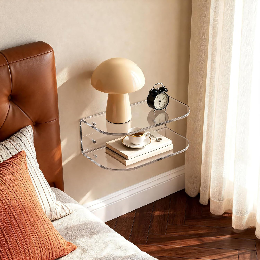 Acrylic Floating Nightstand, Wall Mounted Bedside Table Shelf (Clear, 15.7”×9.4“×5.9”)
