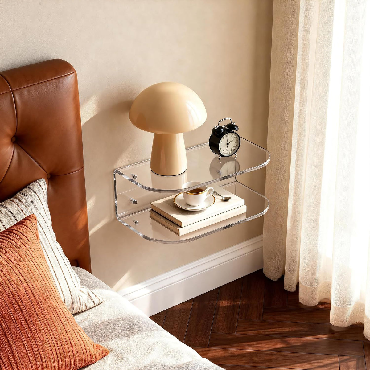 Acrylic Floating Nightstand, Wall Mounted Bedside Table Shelf (Clear, 15.7”×9.4“×5.9”)