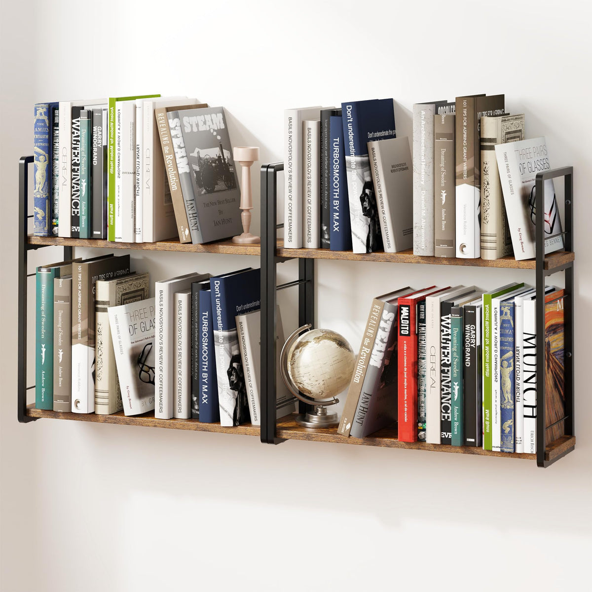 Floating Book Shelves for Wall, 2-Layer Wall Bookshelf for Book Storage, Space Saver, 16in Stud Hanging Shelf, Bedside Shelf for Living Room Bedroom Office, Dark Brown