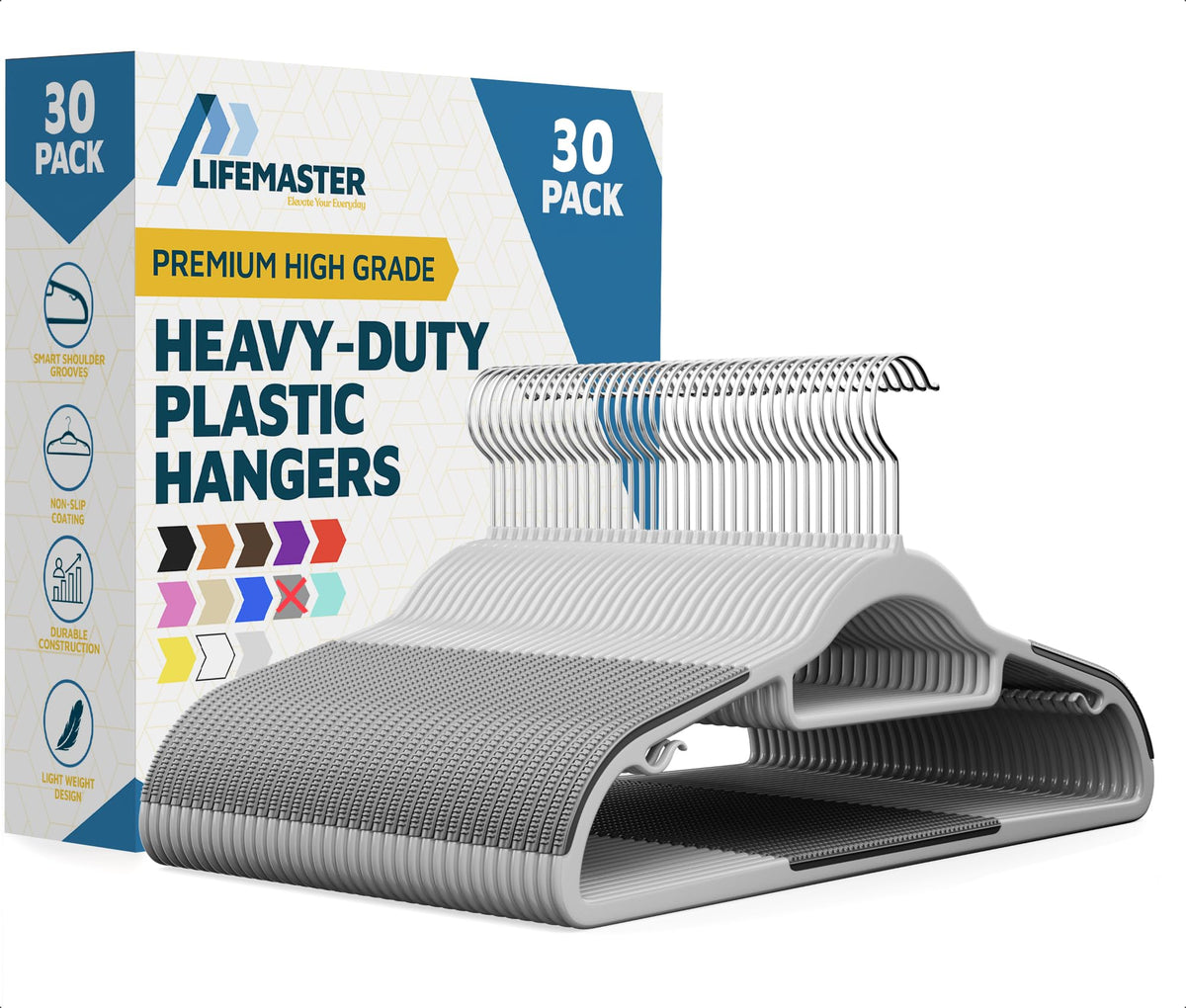 Lifemaster Plastic Clothes Hanger Set - 20 Pieces Versatile, Lightweight, Space-Saving, Non-Slip, Slim Designed, Dry and Wet Clothes Hanger Set with 360° Swivel Hook and Rubber Coating - Gray