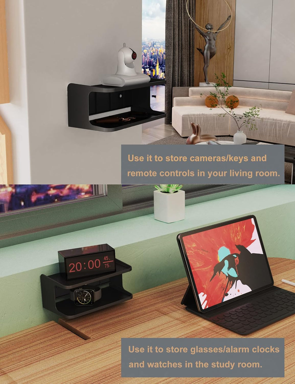 Bedside Wall Shelf Organizer, Small Bedside Shelf, (Black)
