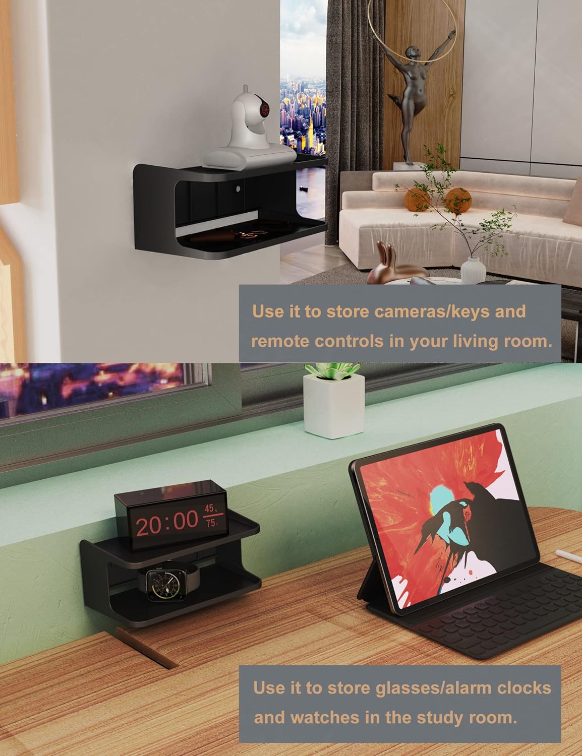 Bedside Wall Shelf Organizer, Small Bedside Shelf, (Black)