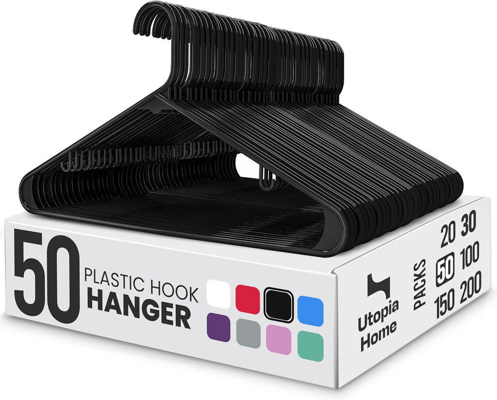 Utopia Home Plastic Hangers 50 Pack – Built-in Strap Hooks Black