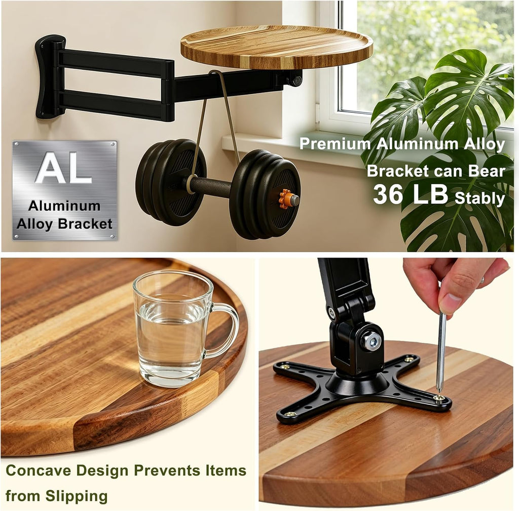 Wall Mounted Folding Table,11" Acacia Bedside Shelf Wall Mount Floating Wall Desk with 36 LBS Capacity for Small Spaces,Round Wood Tabletop with 720° Rotatable Aluminum Alloy Brackets