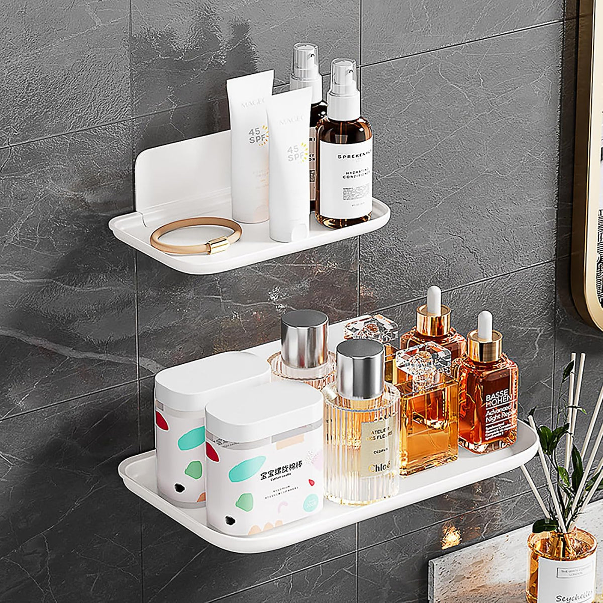 2-Pack Foldable Floating Shelves for Wall | No Drill White Wall Shelves | Small Floating Shelf for Bathroom, Bedroom, RV, KitchenAdhesive Shelves for Phones, Watches | Renter Friendly