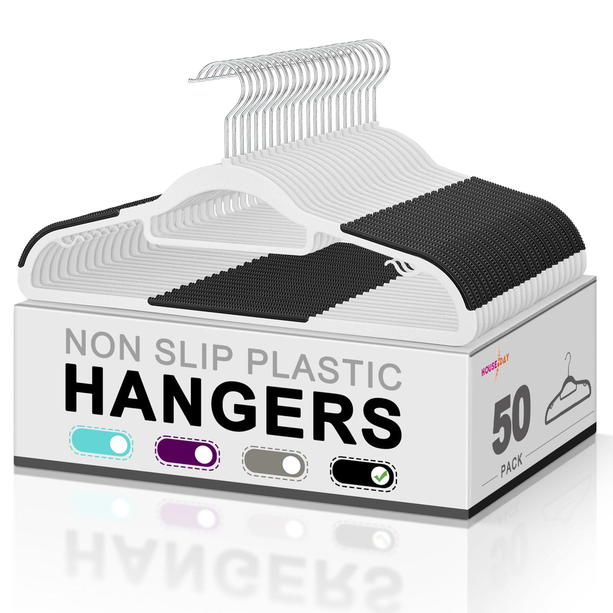 HOUSE DAY Plastic Hangers 50 Pack, Grey Plastic Clothes Hangers Non Slip with Rubber Grip, Heavy Duty Hanger with 360° Swivel Metal Hook, Ultra Thin Hangers Space Saving for Closet Organizer