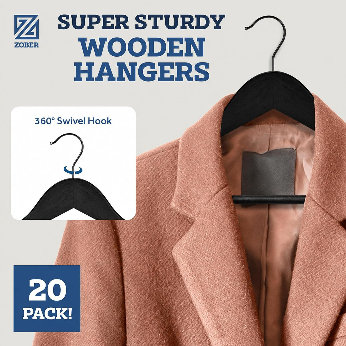 Zober Wooden Hangers 20 Pack, Heavy Duty Clothes Hangers, Non Slip, Vintage