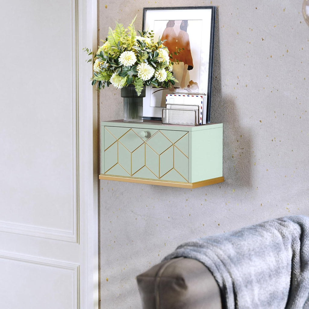 HLR Floating Night Stand, Small Nightstand with Flap Door, Morden Wall Mounted Floating Nightstand for Bedrooms,Green