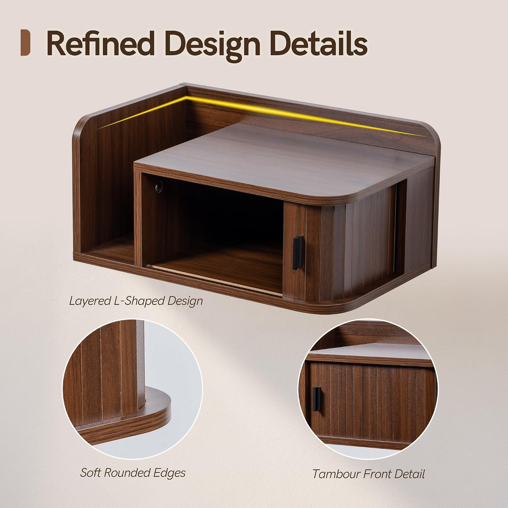 Floating Nightstand Walnut Fluted Bedside Table with Open Shelf (R)
