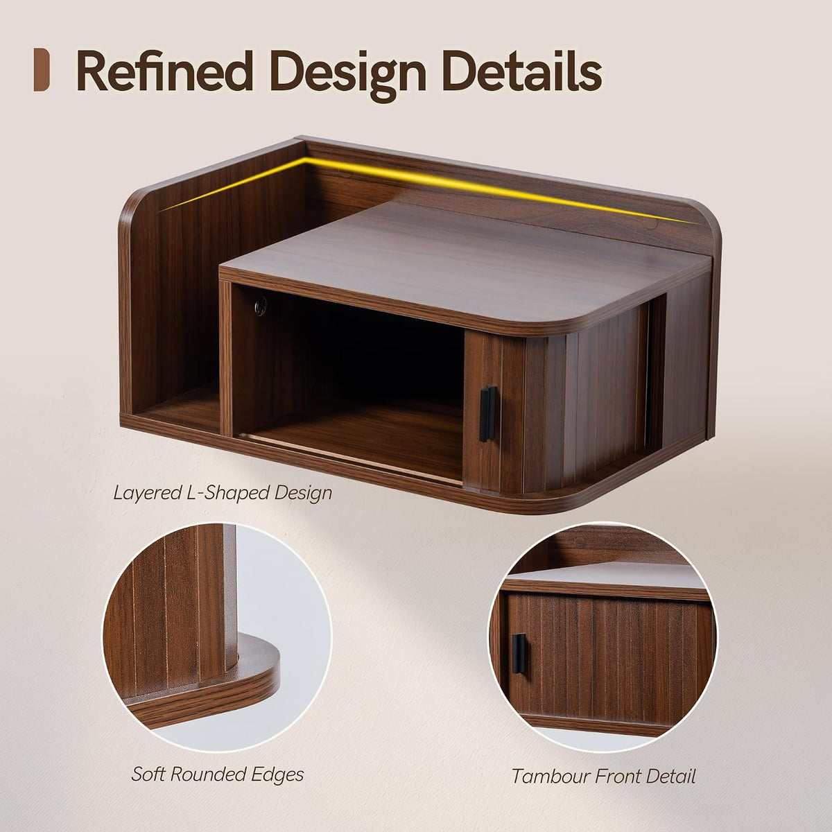 Floating Nightstand Walnut Fluted Bedside Table with Open Shelf (R)