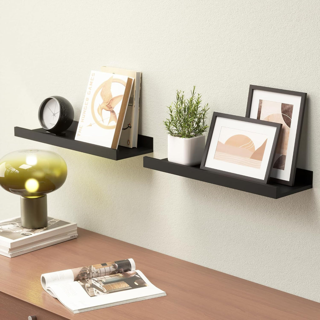 Boswillon Floating Shelves Set of 2, Small Wall Shelf with Lip, 16in, Black