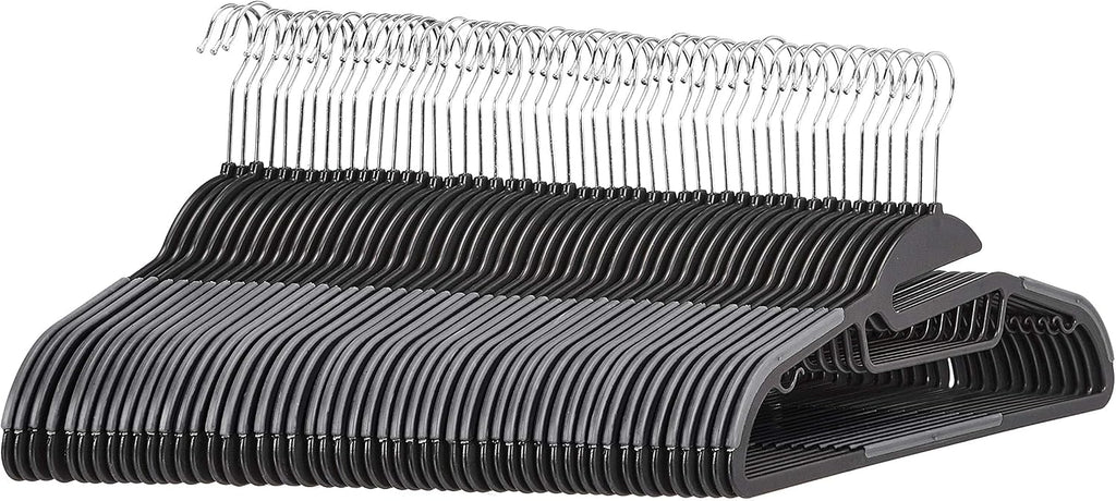 Amazon Basics Non-slip Heavy Duty Space Saving Plastic Hangers with Rubber and Horizontal Bar, Lightweight, Gray, Pack of 50