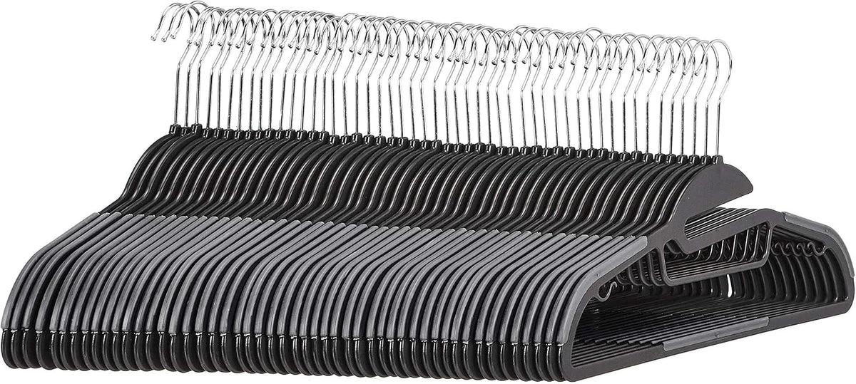 Amazon Basics Non-slip Heavy Duty Space Saving Plastic Hangers with Rubber and Horizontal Bar, Lightweight, Gray, Pack of 50