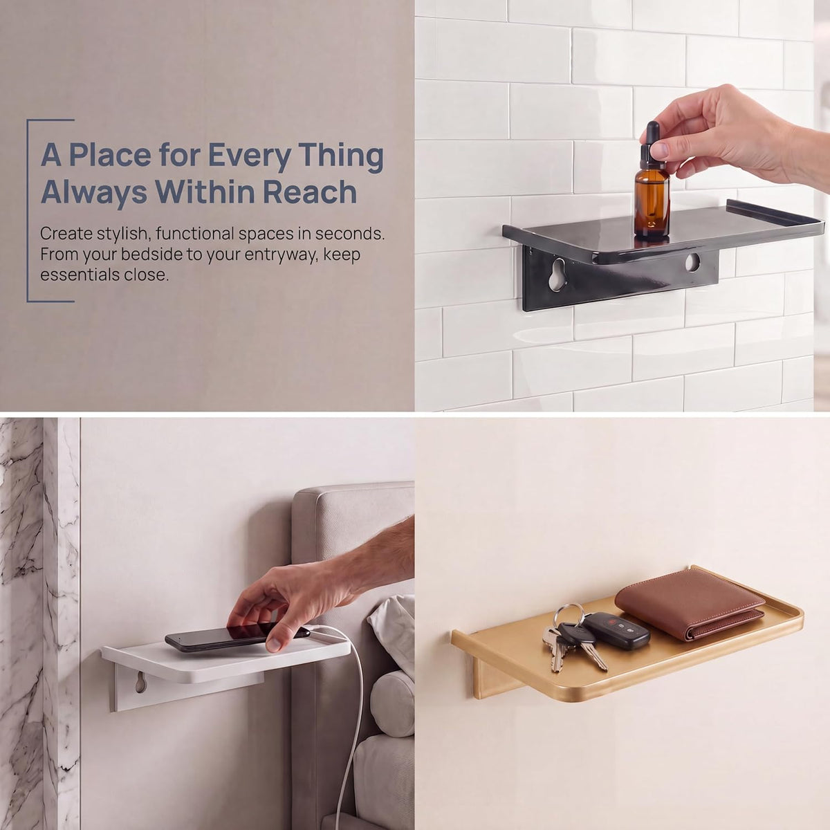 Acrylic Floating Shelf, No Drill Adhesive Wall Shelf, Small Wall Mounted Phone Shelf Holder, Stick-on Wipes Rack Smart Speaker Shelf, Expand Wall Space for Living Room, Office, Bathroom, Gold