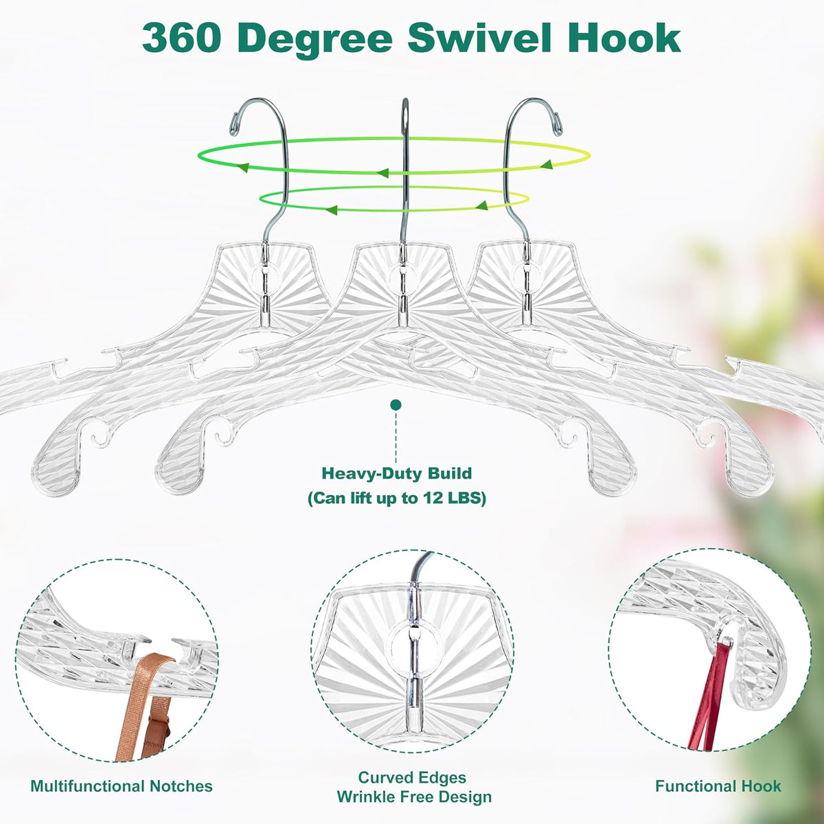 Quality Hangers 12 Pack Crystal Clear Plastic Hangers with Easy Swivel 360 Degree Hook Slim Crystal Coat Hangers 17 Inches (12, 17")