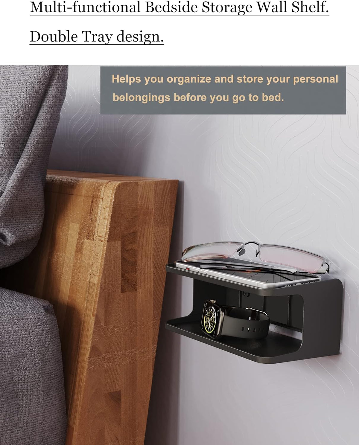 Bedside Wall Shelf Organizer, Small Bedside Shelf, (Black)