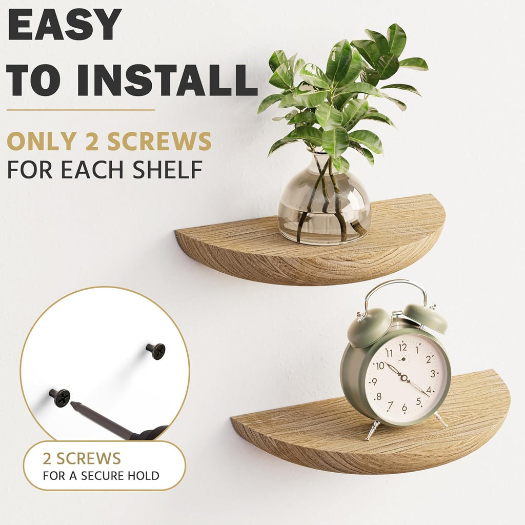 QsQueen Half Round Floating Shelves for Wall, 2 Pack Small Paulownia Wood, Screw Mount, for Plants & Decor