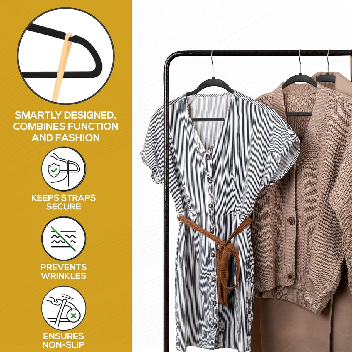 Techzoo 50 Pack New Premium Quality Velvet Hangers Ultra Thin Non Slip Adult Felt Space Saving Hangers for Closet Heavy Duty Coat Pants Jackets Dress Hangers 360° Swivel Hook Hold Upto 10 lbs Black